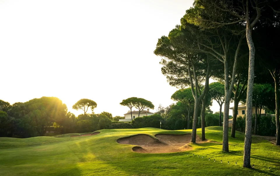 Pôr do sol em campo de golfe em Cascais ilustrando a partilha de conhecimento e experiência sobre o mercado imobiliário local.