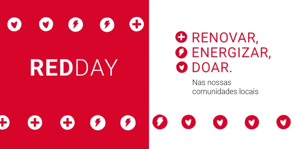 Banner do RED DAY da agência imobiliária Keller Williams em Cascais, com o lema "Renovar, Energizar, Doar" para a comunidade local.