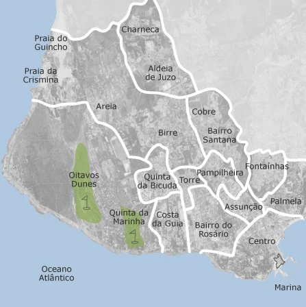 Mapa da zona da Vila na freguesia de Cascais e Estoril, identificando a Quinta da Marinha, Birre, Bairro do Rosário e Centro Histórico.