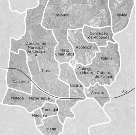 Mapa detalhado da freguesia de São Domingos de Rana, identificando zonas residenciais como Abóboda, Tires, Caparide, Matarraque e o Aeródromo de Cascais.